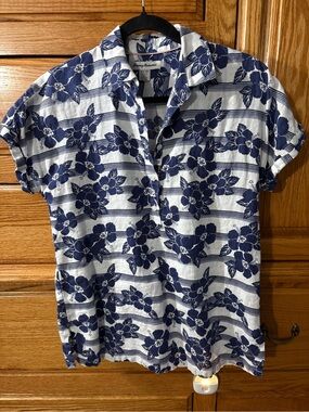 Tommy Bahama Navy Floral Stripe Short Sleeve Button Front Top